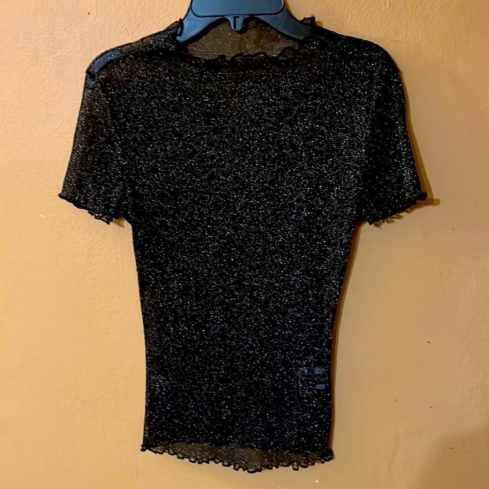 SHEIN BRAND BLACK GLITTER SHEER SHORT SLEEVE TOP SIZE S/M